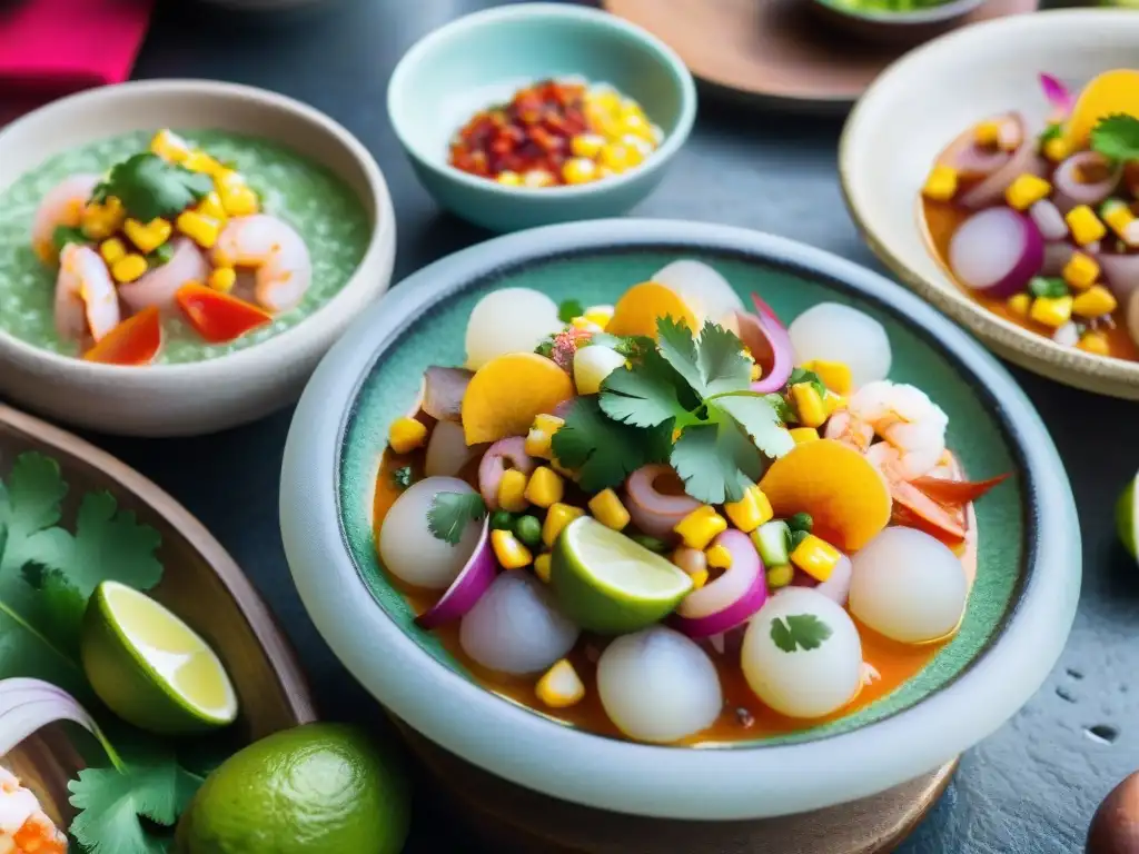 Vista detallada de una cevichería contemporánea en Perú con ingredientes frescos y coloridos, chefs preparando ceviche