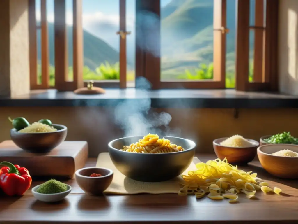 Vista detallada de cocina peruana con receta pasta de ají, ingredientes frescos en mesa de madera y mortero en uso