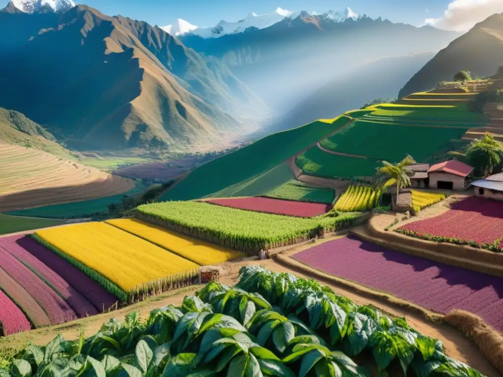 Una vista detallada de una colorida granja peruana en los Andes, con cultivos diversos y agricultura biodinámica en Perú