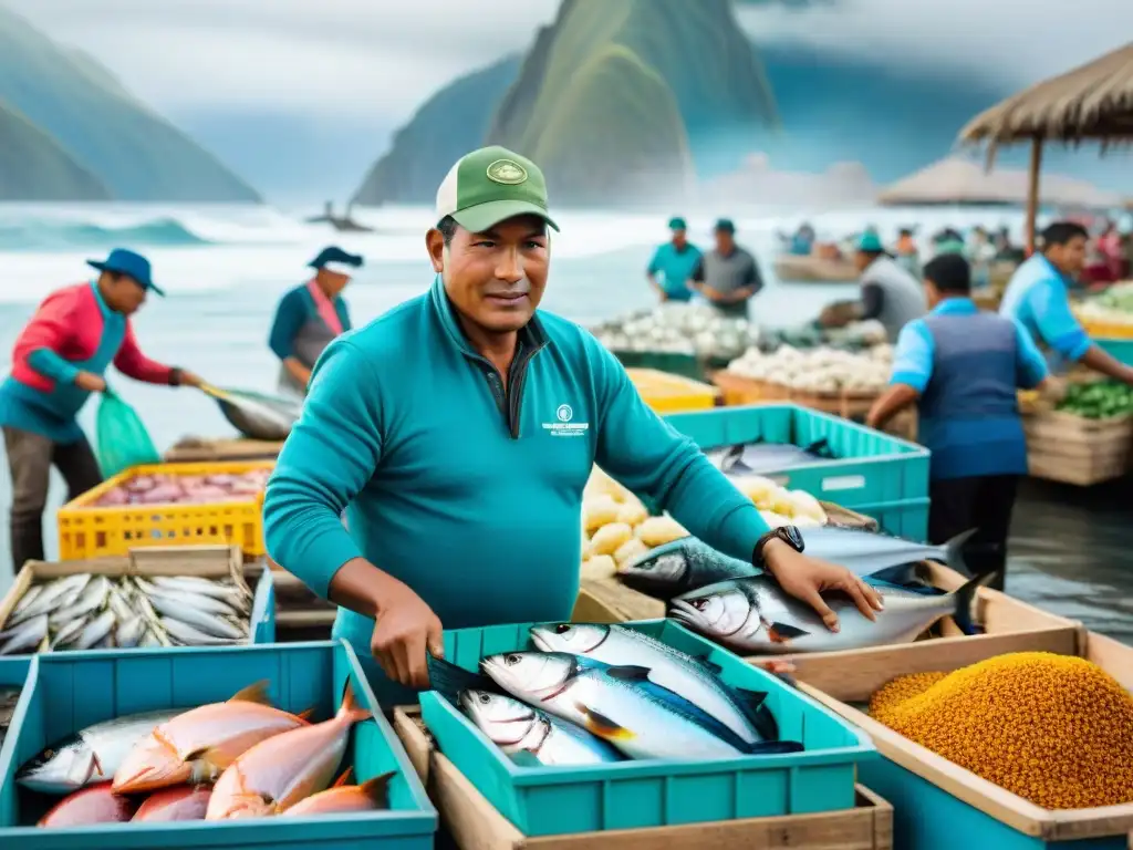 Vista detallada de un concurrido mercado de mariscos en Perú, mostrando la variedad de comida marina peruana