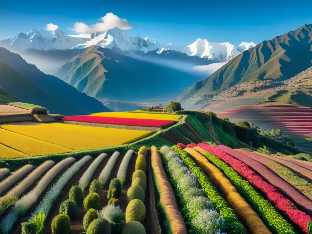 Vista detallada de cultivos andinos para nutrición saludable en paisaje vibrante de los Andes, con terrazas coloridas y montañas nevadas al fondo