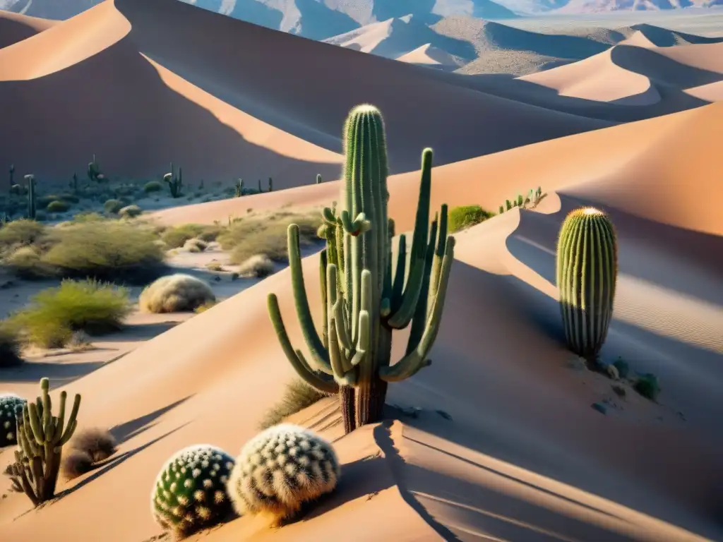 Vista detallada del desierto peruano con tunas, cacti y dunas, en armonía con su belleza árida y única