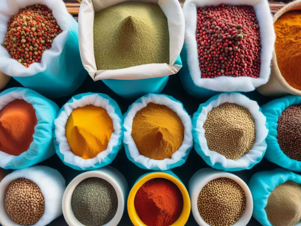 Una vista detallada de especias peruanas en un mercado local, con colores y aromas vibrantes