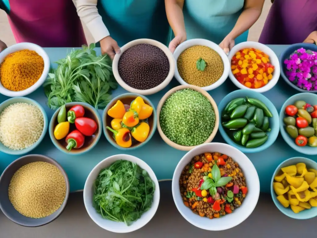 Una vista detallada de exquisitos platos vegetarianos peruanos en mercado tradicional