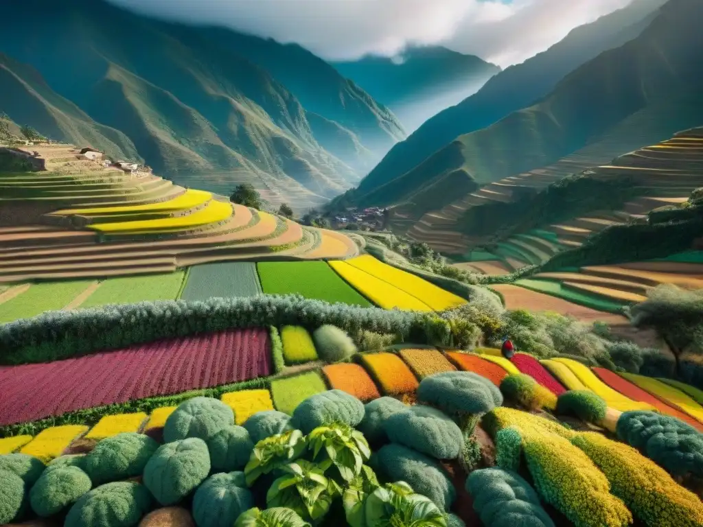 Vista detallada de una granja peruana vibrante en los Andes, con agricultores indígenas cuidando campos de quinua y papas, practicando una agricultura sostenible