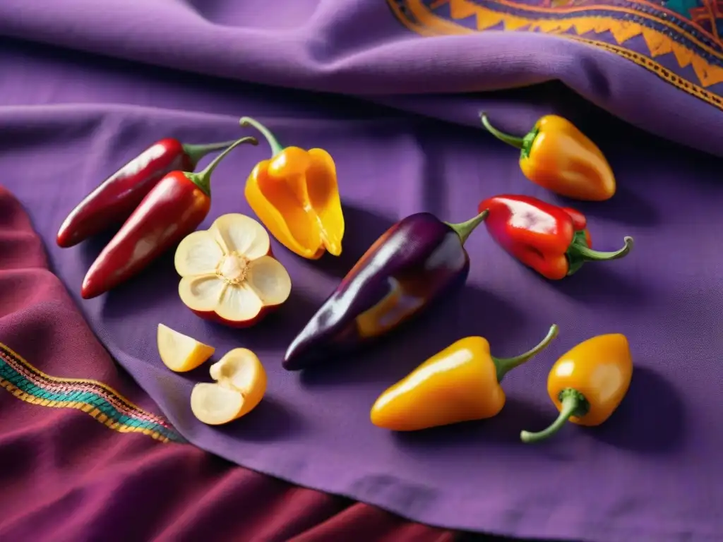 Una vista detallada de ingredientes autóctonos de la cocina peruana: maíz morado, sachatomate, rocoto y mashua en una textura rústica y colorida