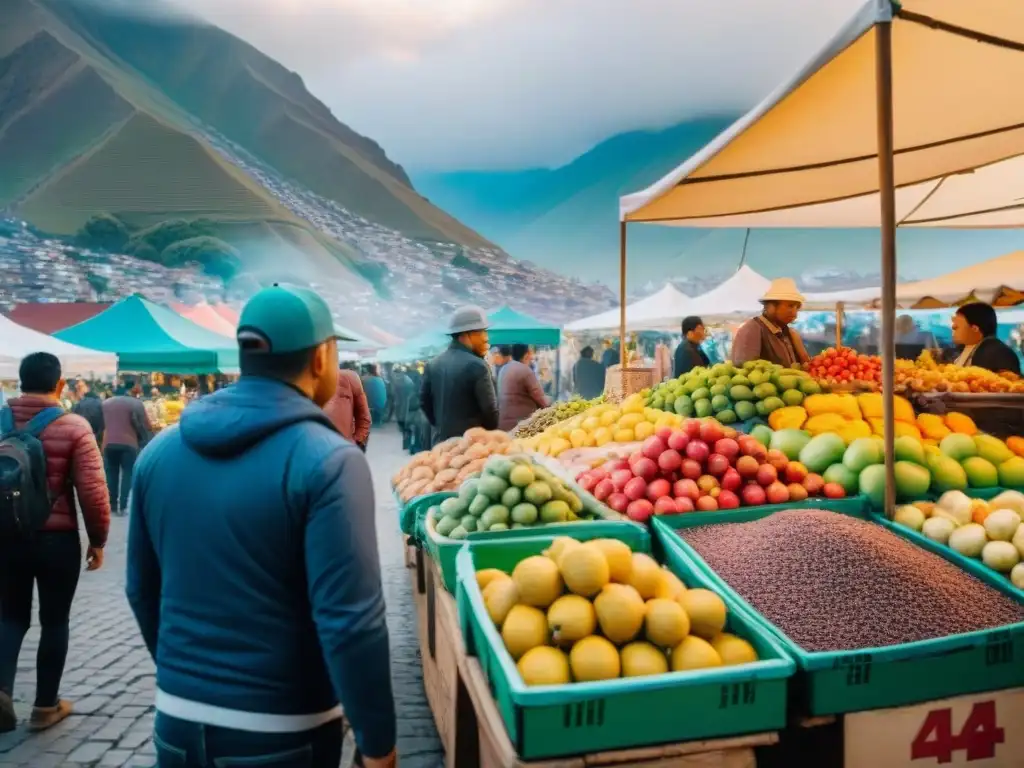 Vista detallada de un mercado gastronómico en Lima, Perú, con vendedores y alimentos coloridos