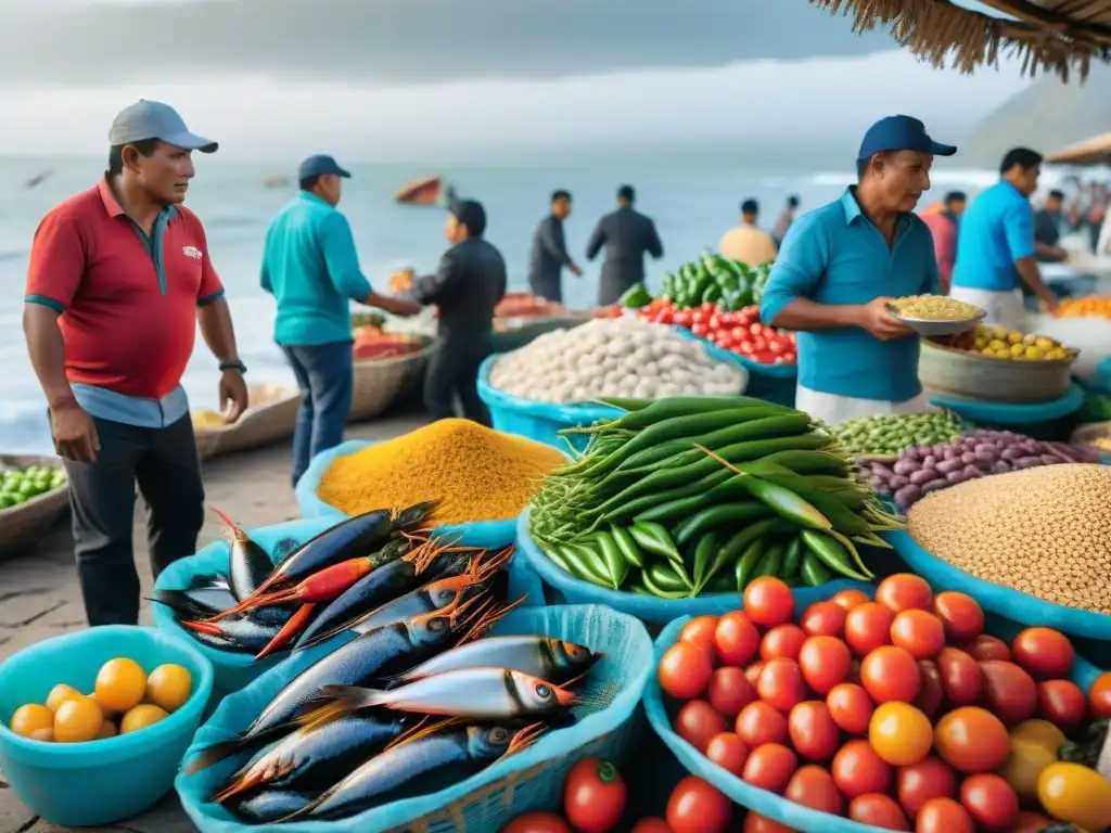 Vista detallada de mercado de mariscos en costa peruana con chupe camarones y productos frescos, capturando esencia culinaria local