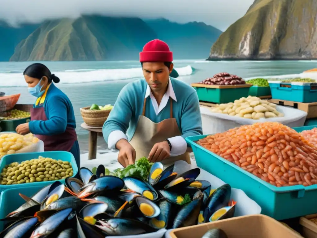 Vista detallada de mercado peruano de mariscos frescos, con vendedores atendiendo a clientes, ingredientes para receta salpicón mariscos frescos Perú