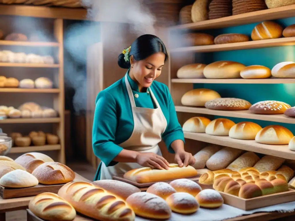 Vista detallada de una panadería tradicional peruana con variedades de pan andino fresco en estantes de madera