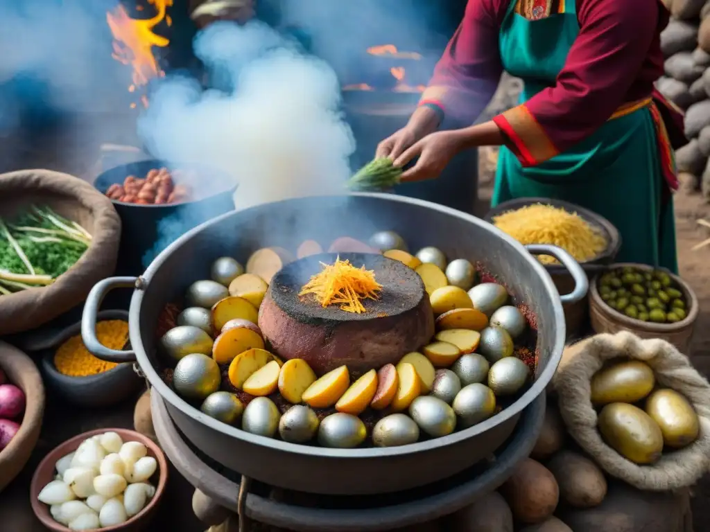 Una vista detallada de una receta tradicional Pachamanca en Perú, con capas de carnes, papas y vegetales en un hoyo de cocción