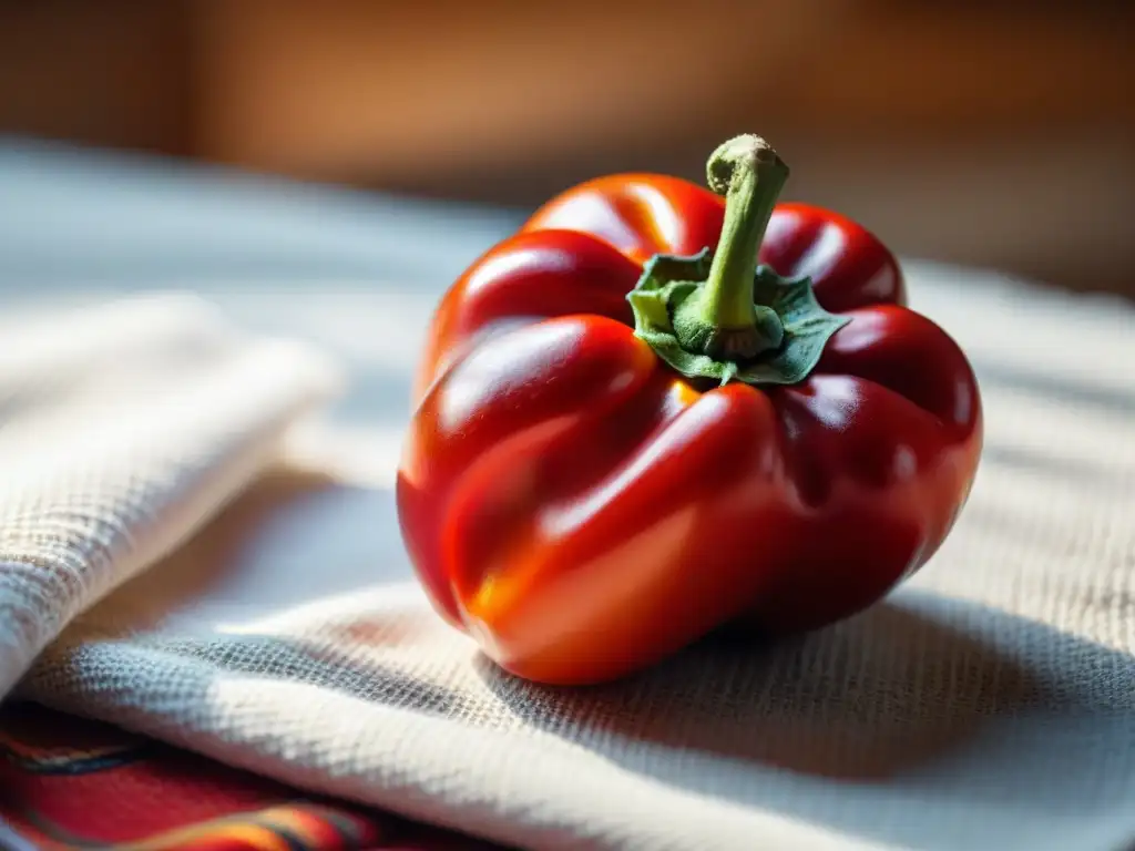 Una vista detallada de un rocoto rojo vibrante, revelando sus semillas y membranas en un entorno cultural peruano