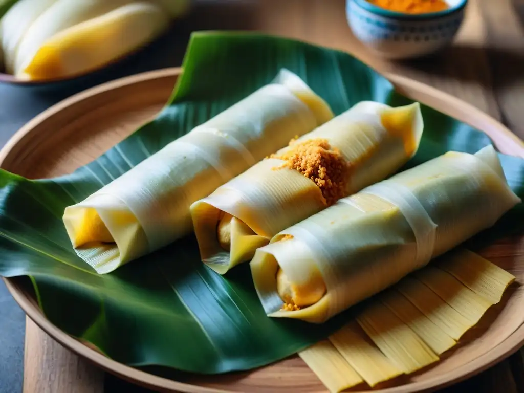 Una vista detallada de tamales peruanos tradicionales en una mesa rústica, con vapor