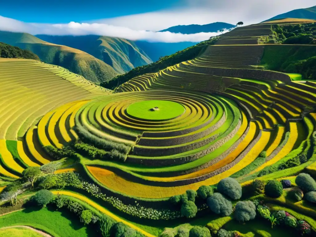 Vista detallada de terrazas circulares incas en Moray, resaltando la ingeniería inca en agricultura