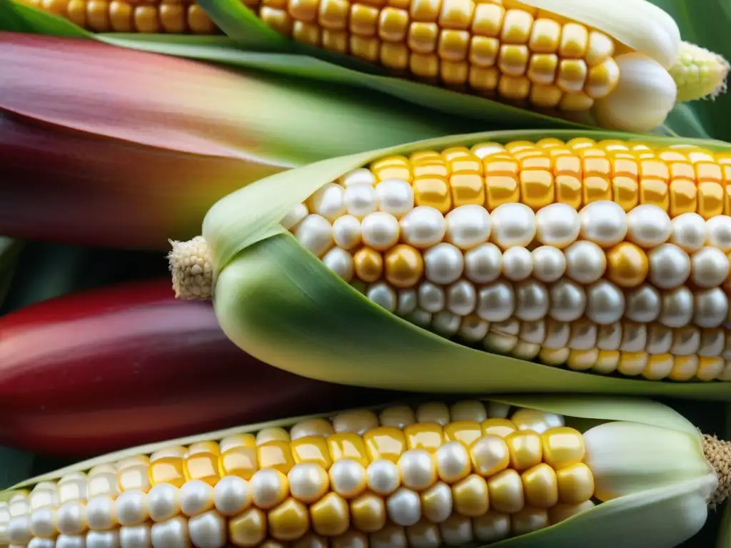 Una vista detallada de una vibrante gama de granos de maíz peruano, resaltando su diversidad de colores y tamaños