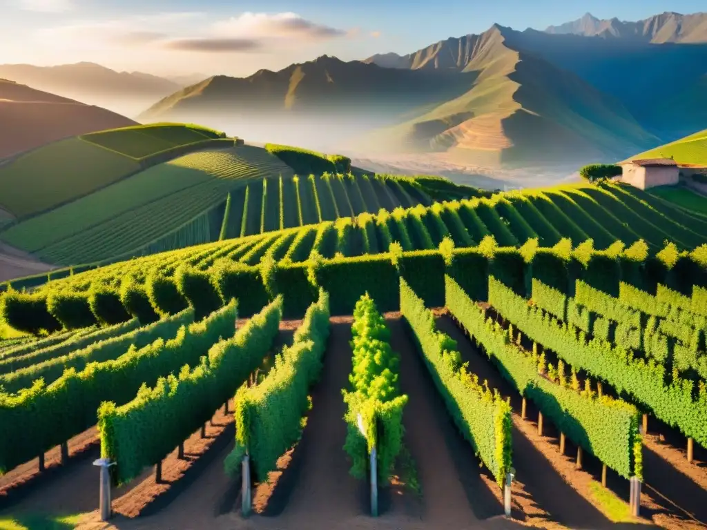 Vista detallada de un viñedo peruano al atardecer, con trabajadores cosechando uvas y el cálido resplandor del sol