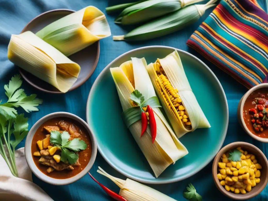 Deléitate con la vista de exquisitos tamales peruanos rodeados de ingredientes frescos en una presentación auténtica