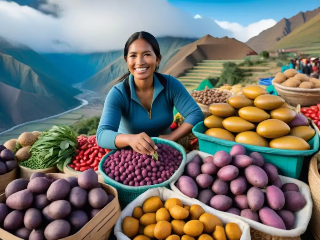 Vista impresionante del bullicioso mercado local en Perú, lleno de ingredientes coloridos únicos de la cocina peruana