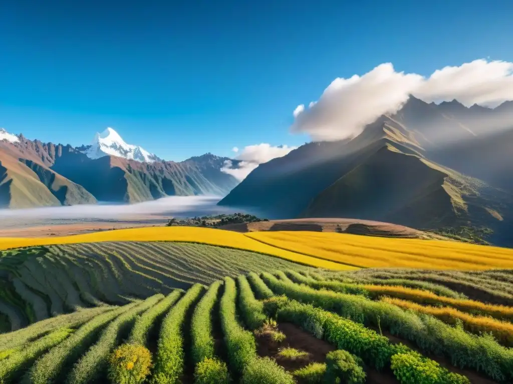 Una vista impresionante del campo de quinua en los Andes peruanos, resaltando la importancia de la quinua peruana en la agricultura local