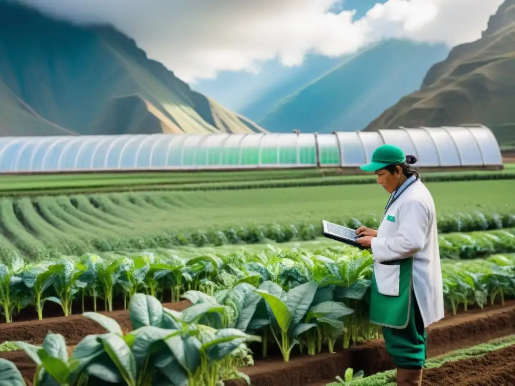 Vista impresionante de una innovadora startup agrícola peruana en los Andes, fusionando tecnología y tradición