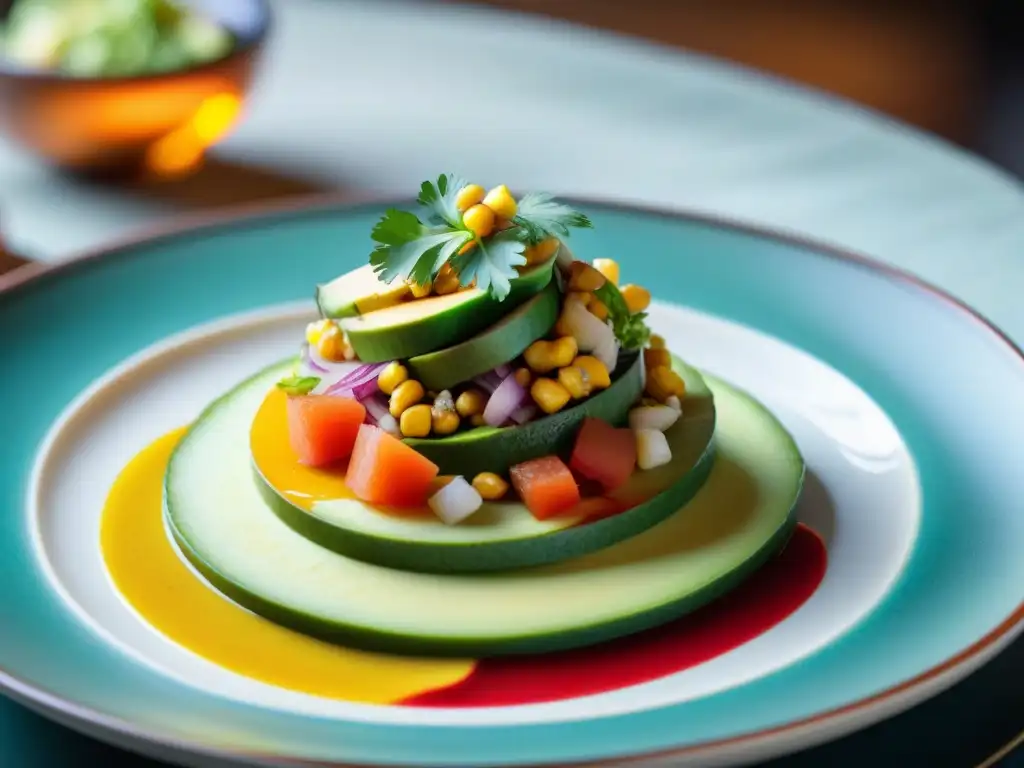 Una vista lujosa de un plato peruano en Lima, con ceviche colorido y decoración elegante