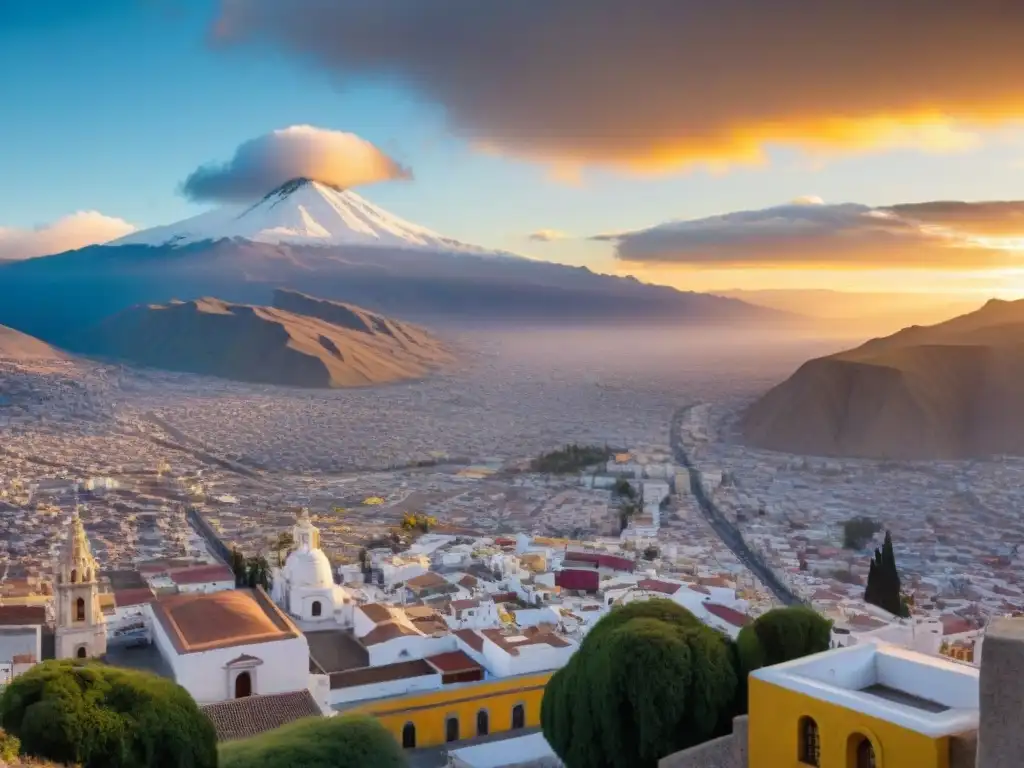 Vista panorámica de Arequipa al atardecer, destacando la arquitectura colorida y la belleza natural de los Andes