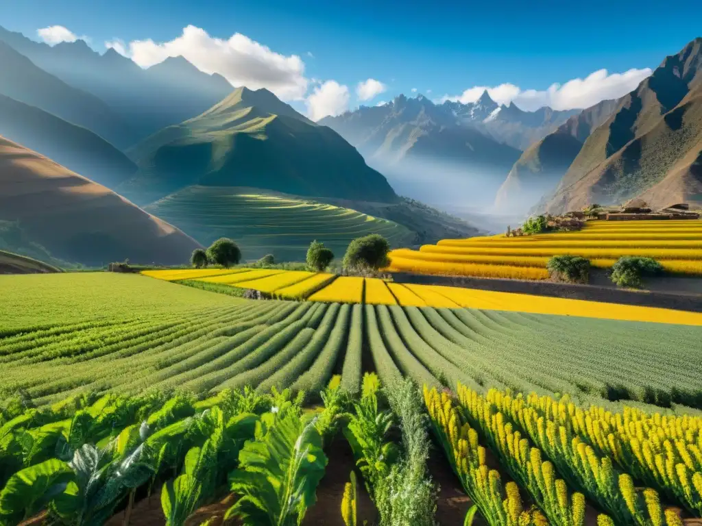 Vista panorámica de un campo de quinua en los Andes peruanos, resaltando la cultura y la gastronomía peruana ingredientes autóctonos