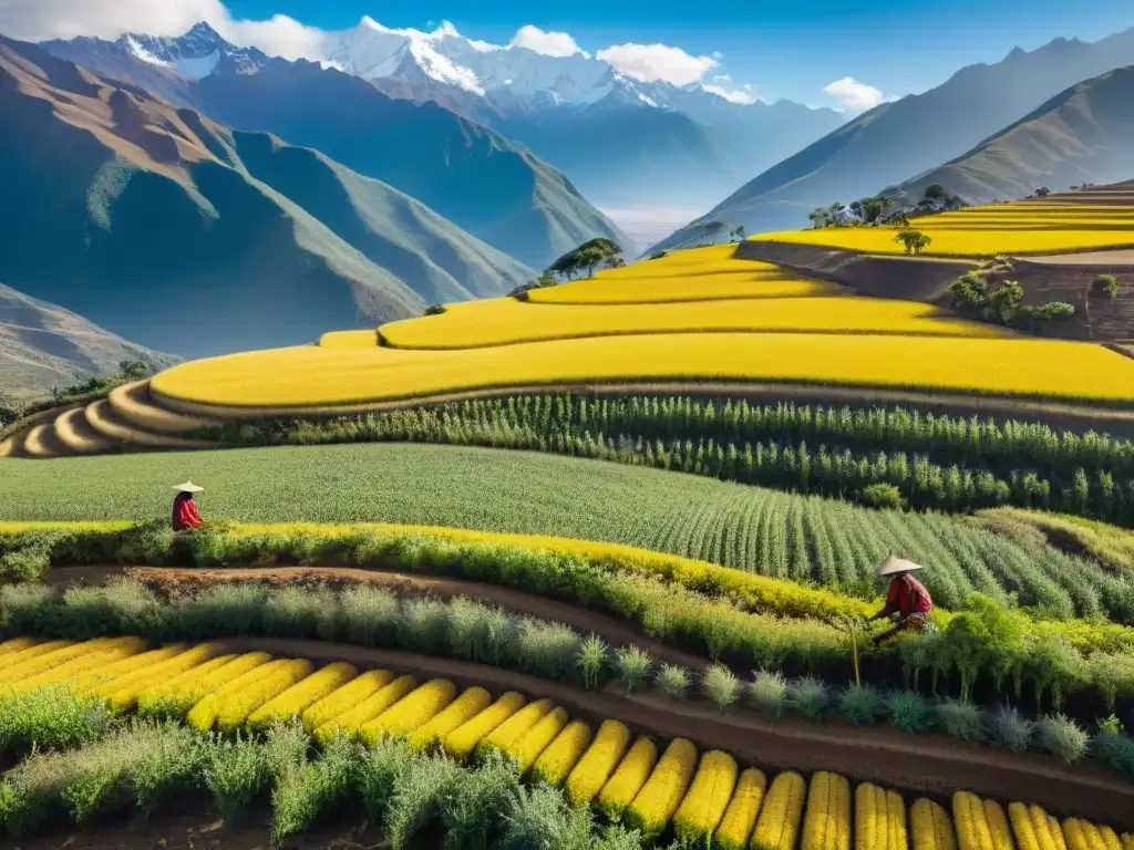 Una vista panorámica de campos de quinua dorada en los Andes, con agricultores indígenas y montañas nevadas al fondo