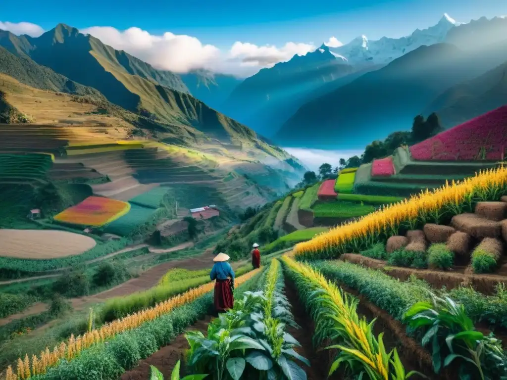 Vista panorámica de campos terrazados en los Andes peruanos, resaltando la diversidad de cultivos y la importancia de la agricultura sostenible