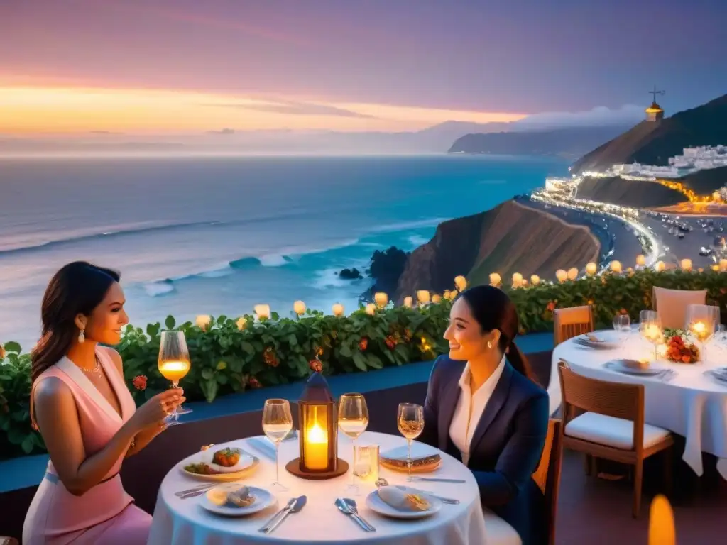 Vista panorámica de la costa de Lima al atardecer con restaurante exclusivo en acantilado, ambiente romántico