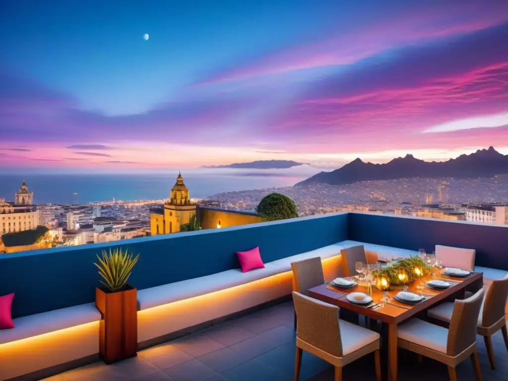 Una vista panorámica de Lima al anochecer desde un elegante restaurante en la azotea