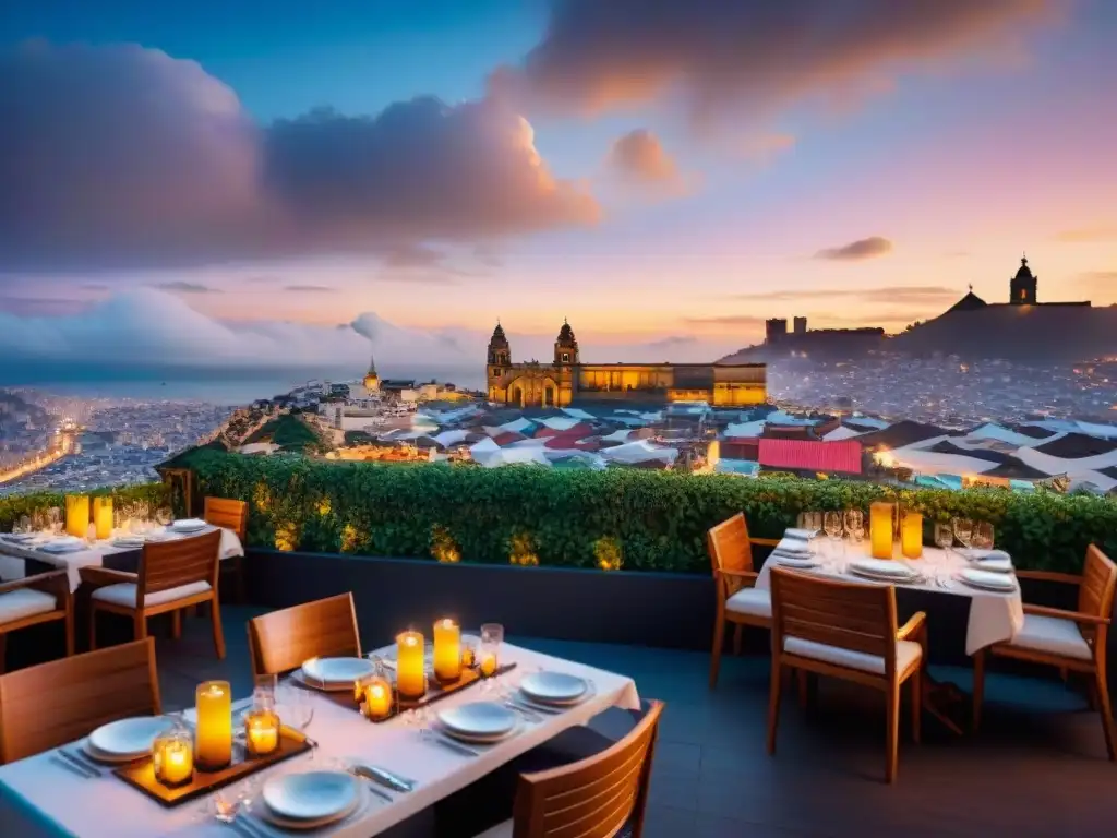 Vista panorámica de los rooftops gastronómicos en Lima iluminados al anochecer, creando una atmósfera mágica