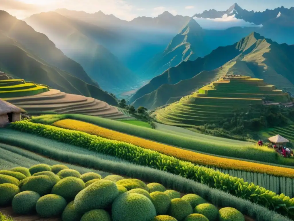 Vista panorámica de los majestuosos Andes en Perú con campos de quinua verde vibrante y agricultores locales cosechando