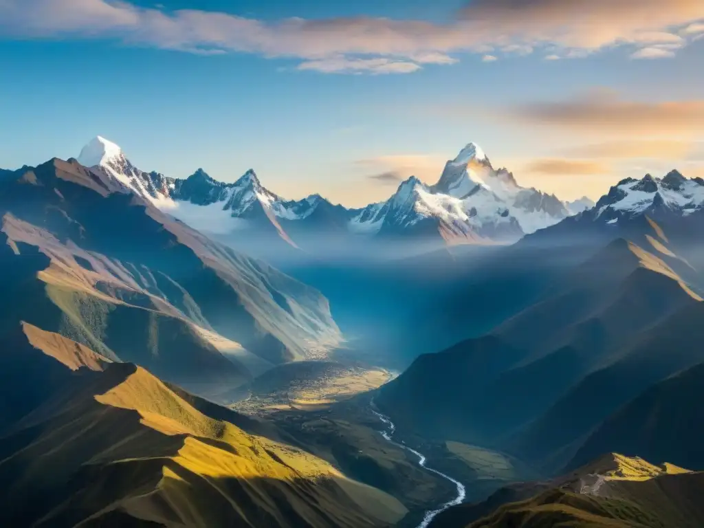 Vista panorámica de los majestuosos Andes, con picos nevados bañados por la luz dorada, valles verdes y ríos