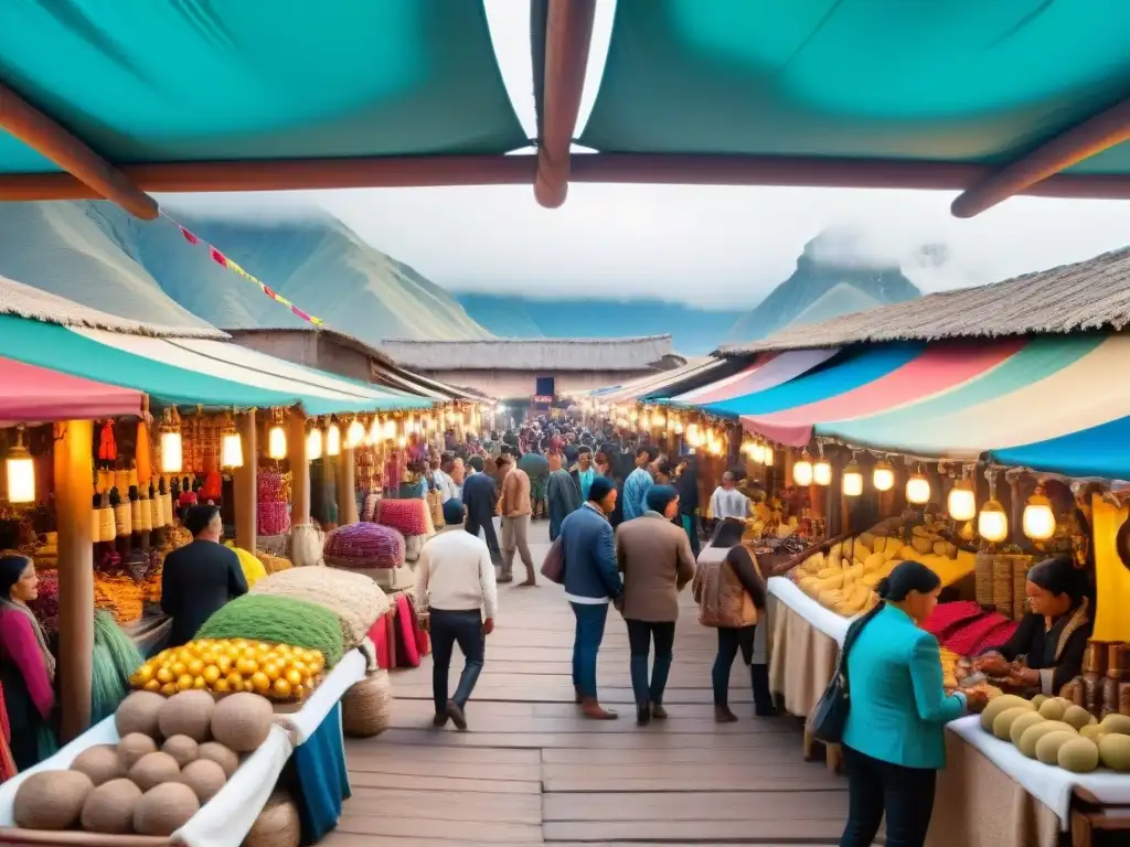 Vista panorámica de un mercado internacional en Perú, con exhibición de piscos y vinos peruanos, intercambio cultural y comercio vibrante