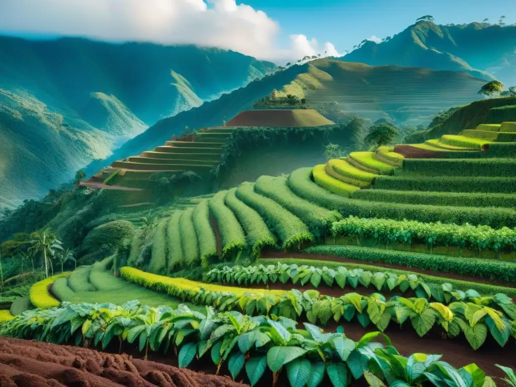 Vista panorámica de plantaciones de cacao en Perú, con agricultores locales cosechando