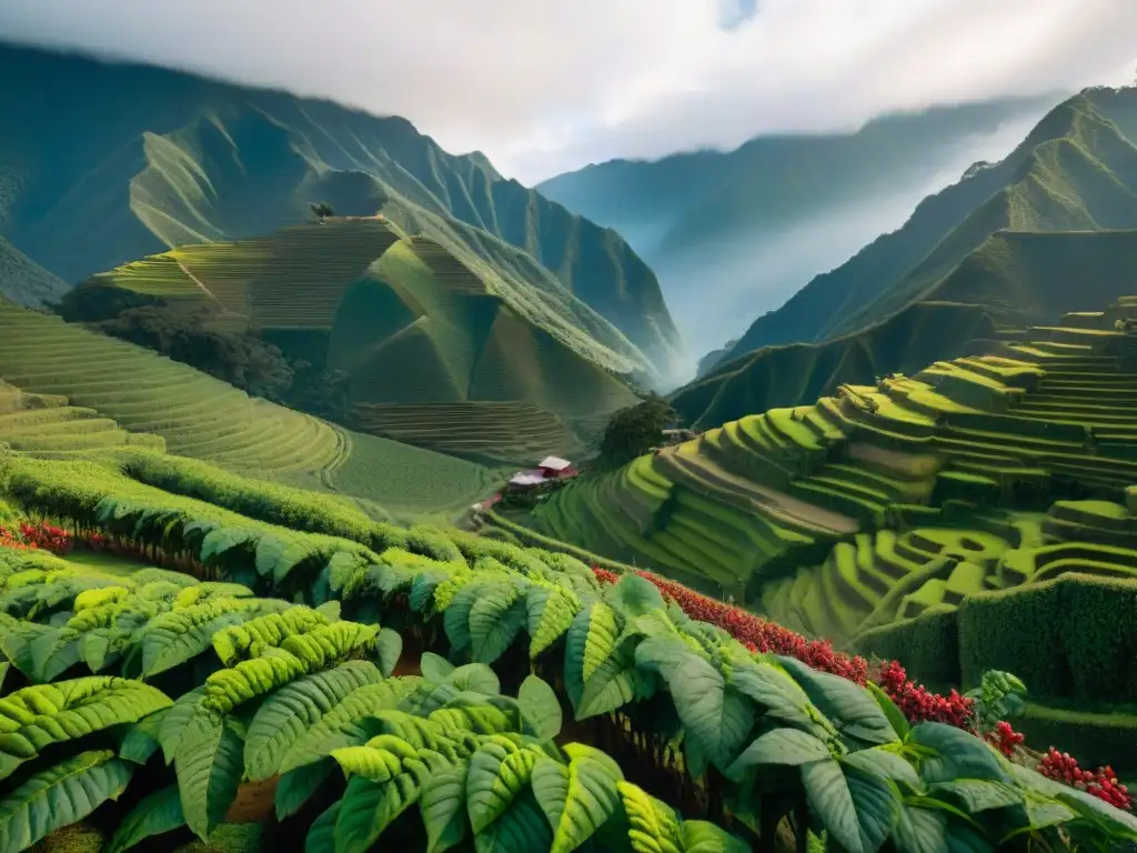 Vista panorámica de plantaciones de café en los Andes peruanos