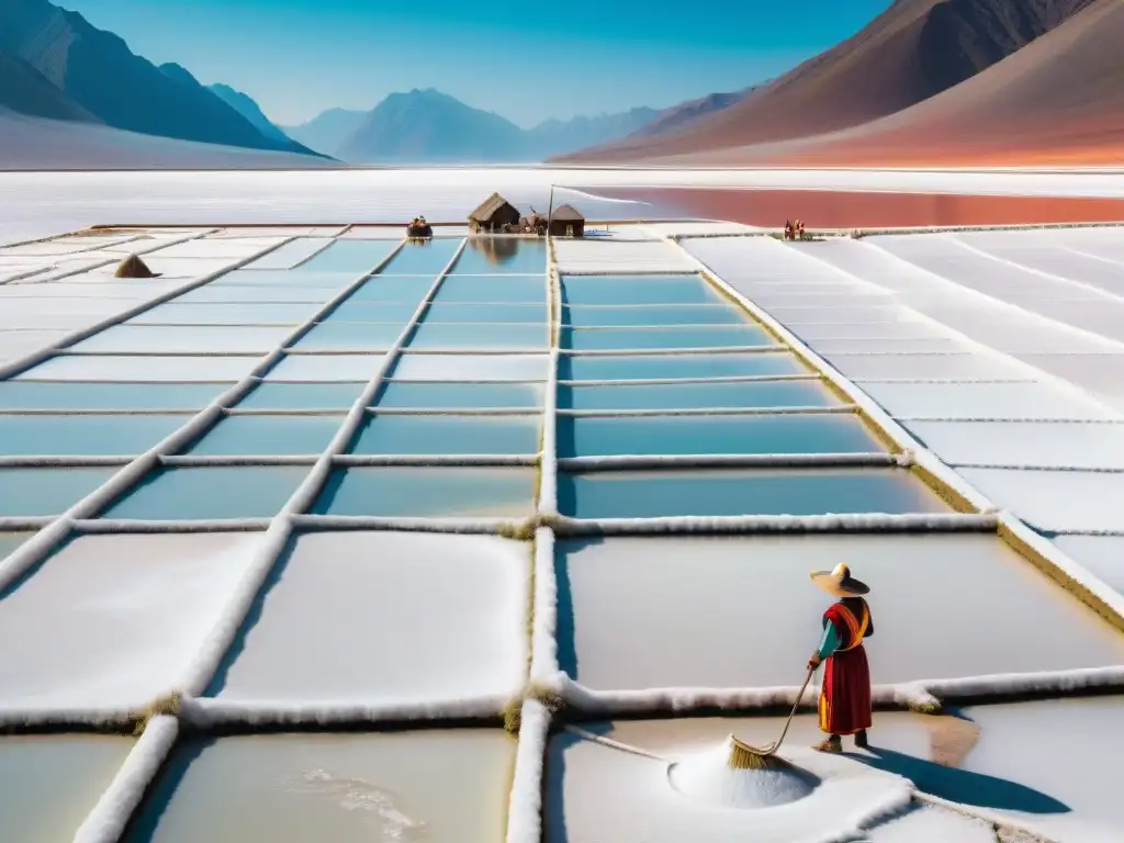 Vista panorámica de Salinas tradicionales en Perú, con trabajadores locales cosechando sal bajo el sol brillante en coloridos atuendos tradicionales