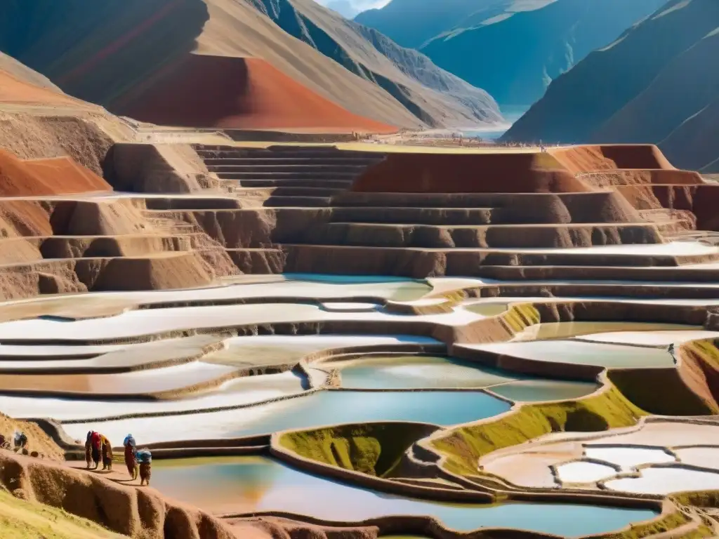 Vista panorámica de las Salineras de Maras en Perú, con trabajadores locales recolectando la Sal de Maras en cocina