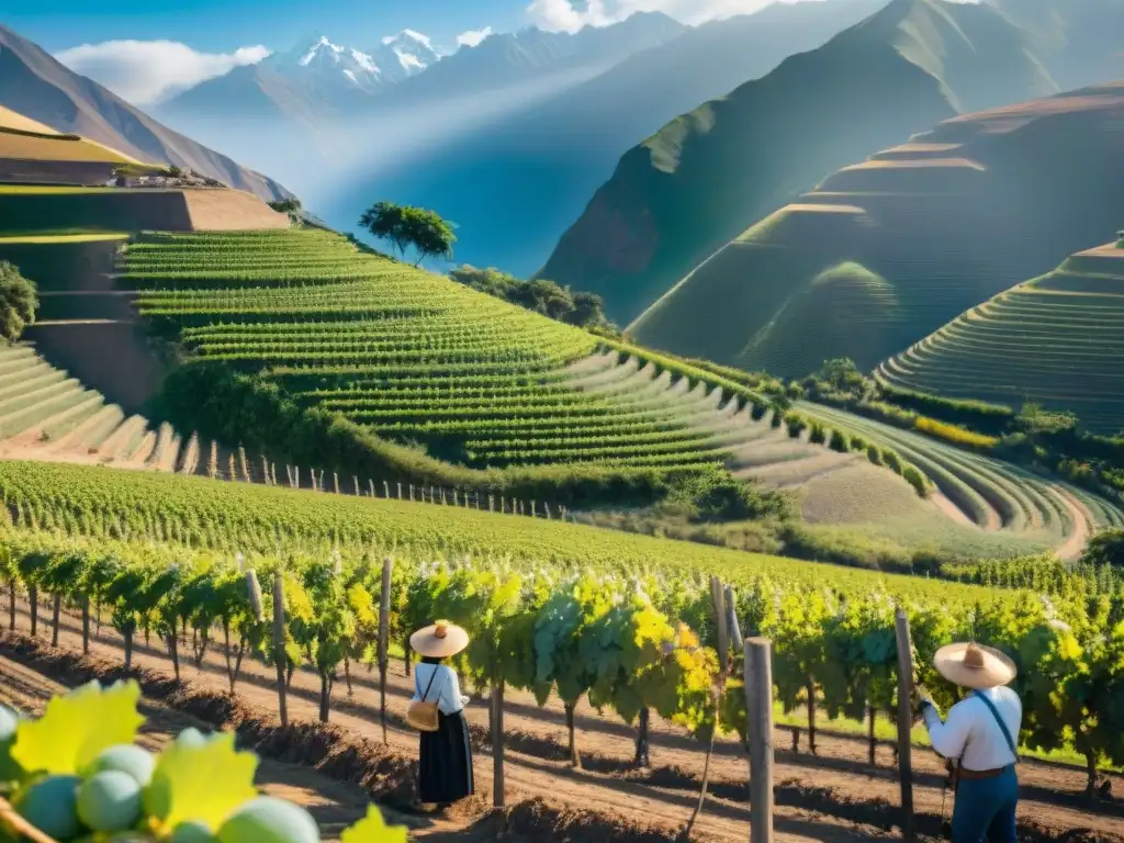 Vista panorámica de una viña bañada por el sol en Perú, con un agricultor inspeccionando uvas