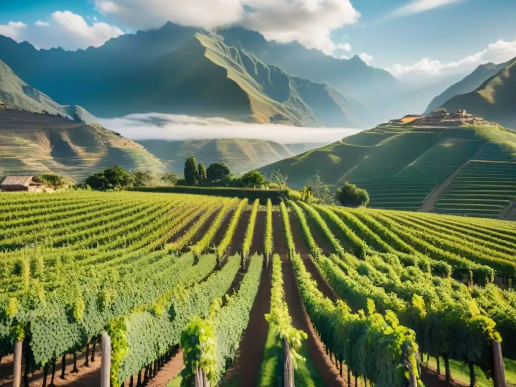 Vista panorámica de viñedo orgánico en Perú con los Andes de fondo