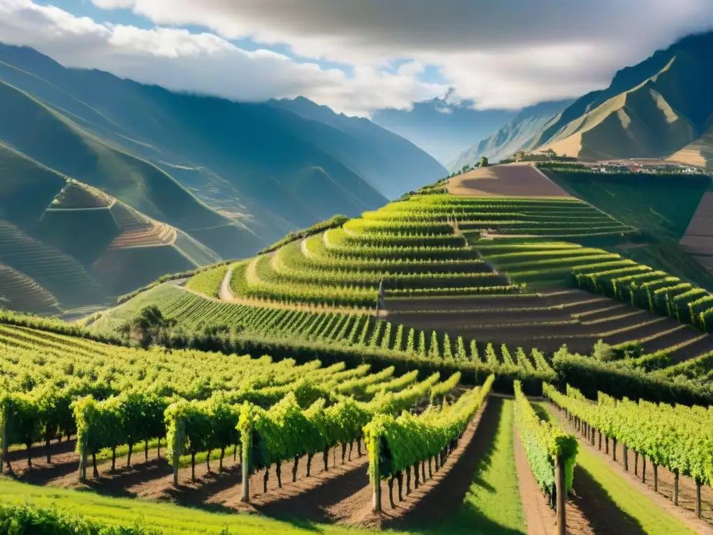 Vista panorámica de viñedos exuberantes en los Andes peruanos, destacando la producción de Pisco y Vino