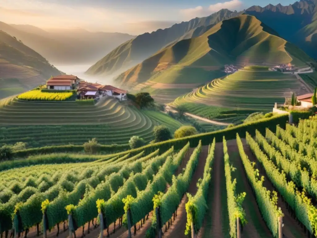 Vista panorámica de viñedos en la región productora de Pisco en Perú al atardecer