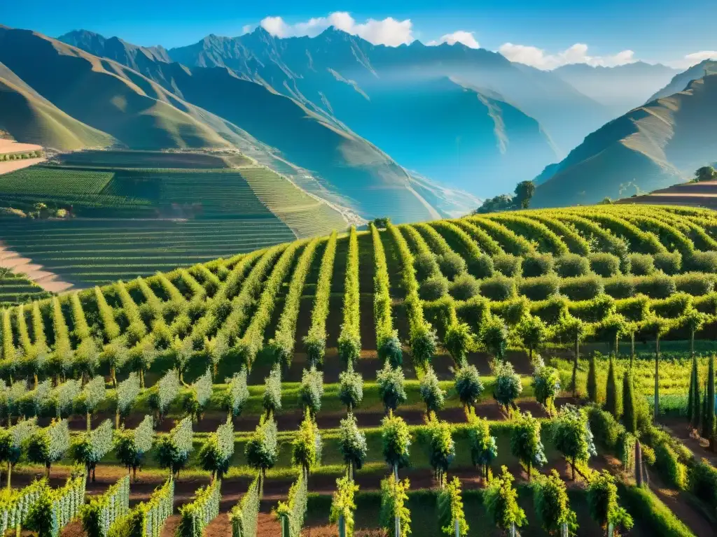 Vista panorámica de viñedos verdes bajo cielo azul en la producción de Pisco en Perú, destacando la armonía entre naturaleza y cuidado humano