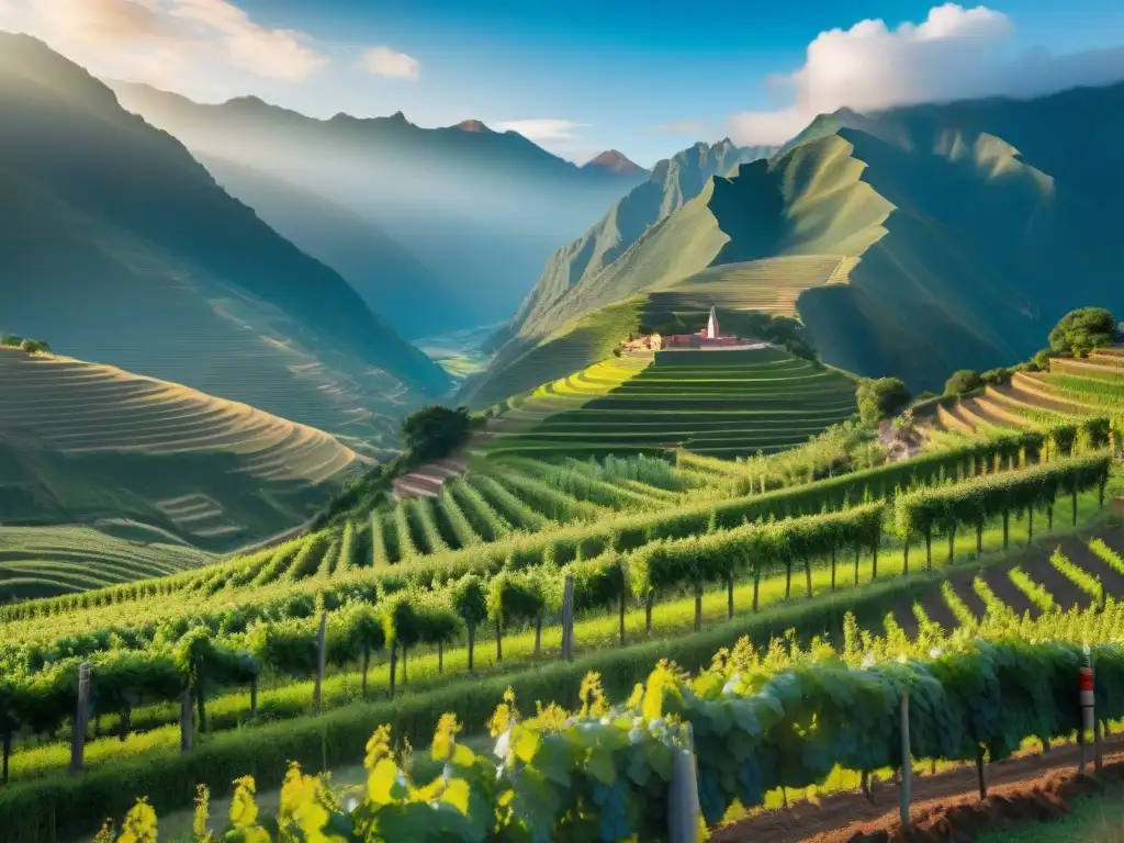 Vista panorámica de viñedos verdes en Perú con recolección manual de uvas