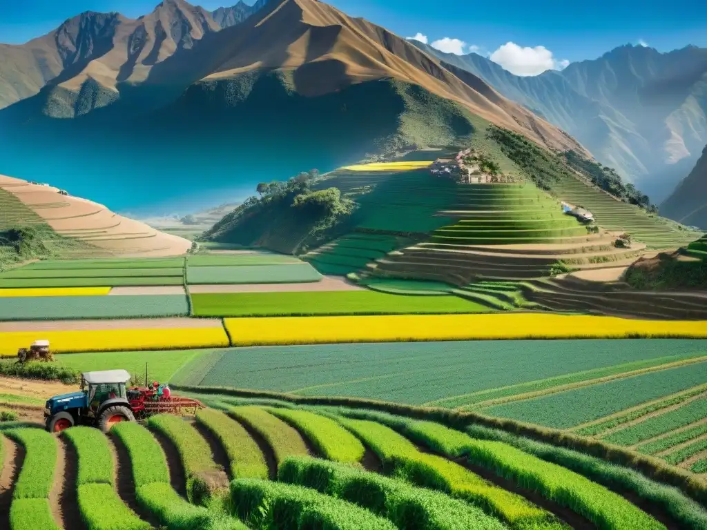 Una vista vibrante de la agricultura sostenible en Perú, con campos coloridos y agricultores locales en prácticas ecoamigables