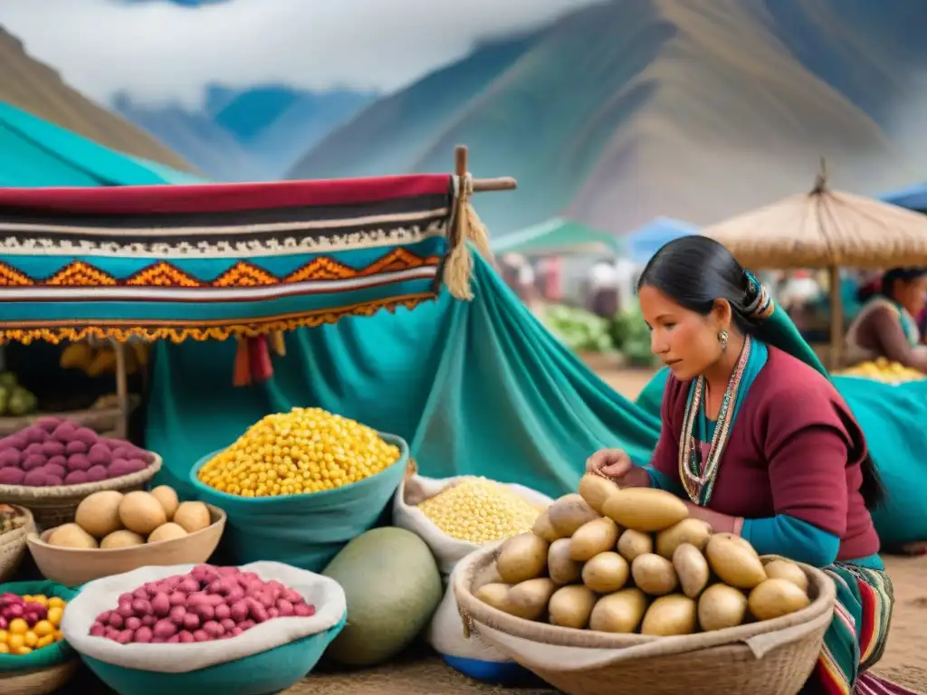 Vista vibrante de mercado tradicional en la Sierra peruana con gastronomía variada y colorida