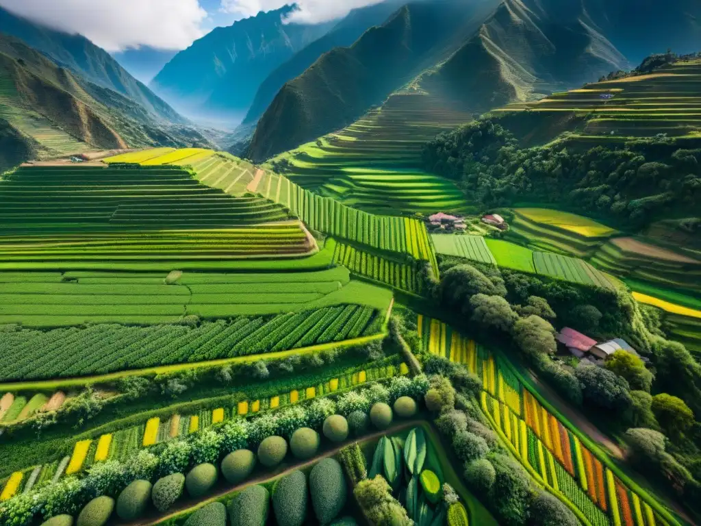 Vistas aéreas de agricultura sostenible en Perú: campos de quinua y papas en terrazas verdes de los Andes