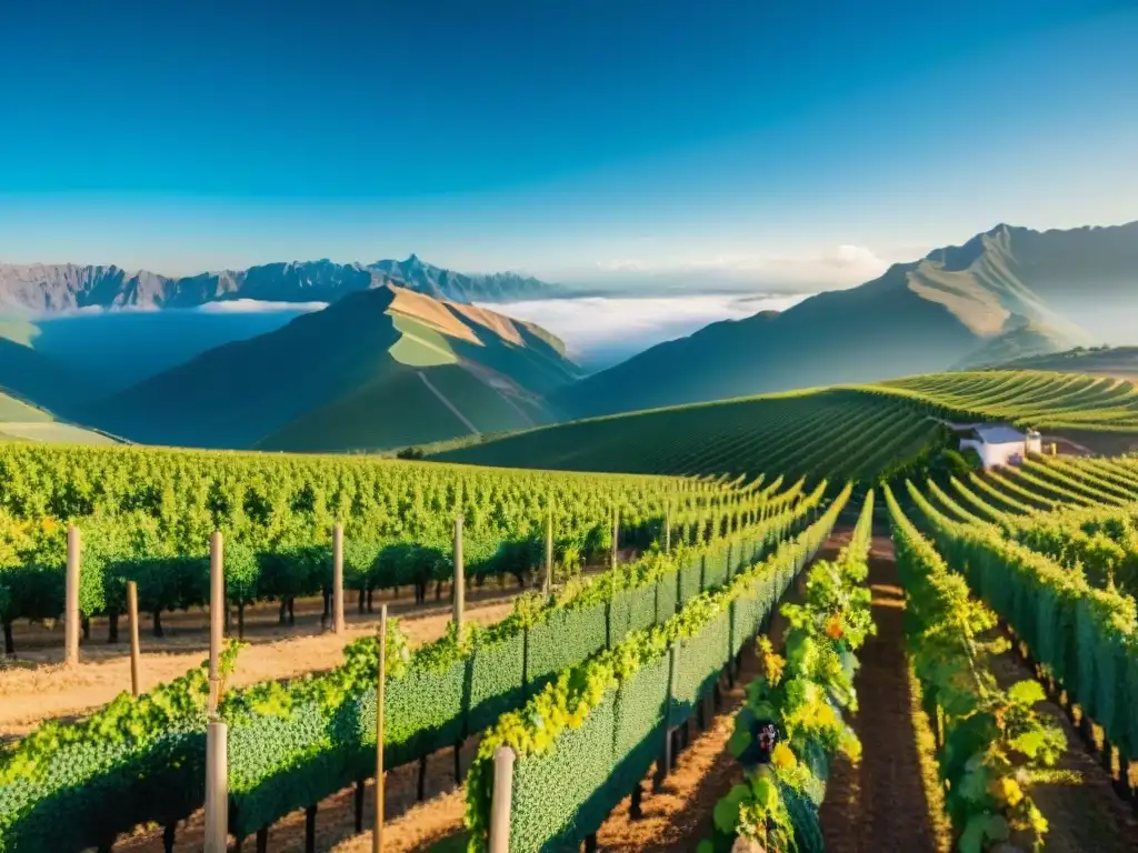 Vistas panorámicas de viñedos peruanos con viticultores cosechando uvas