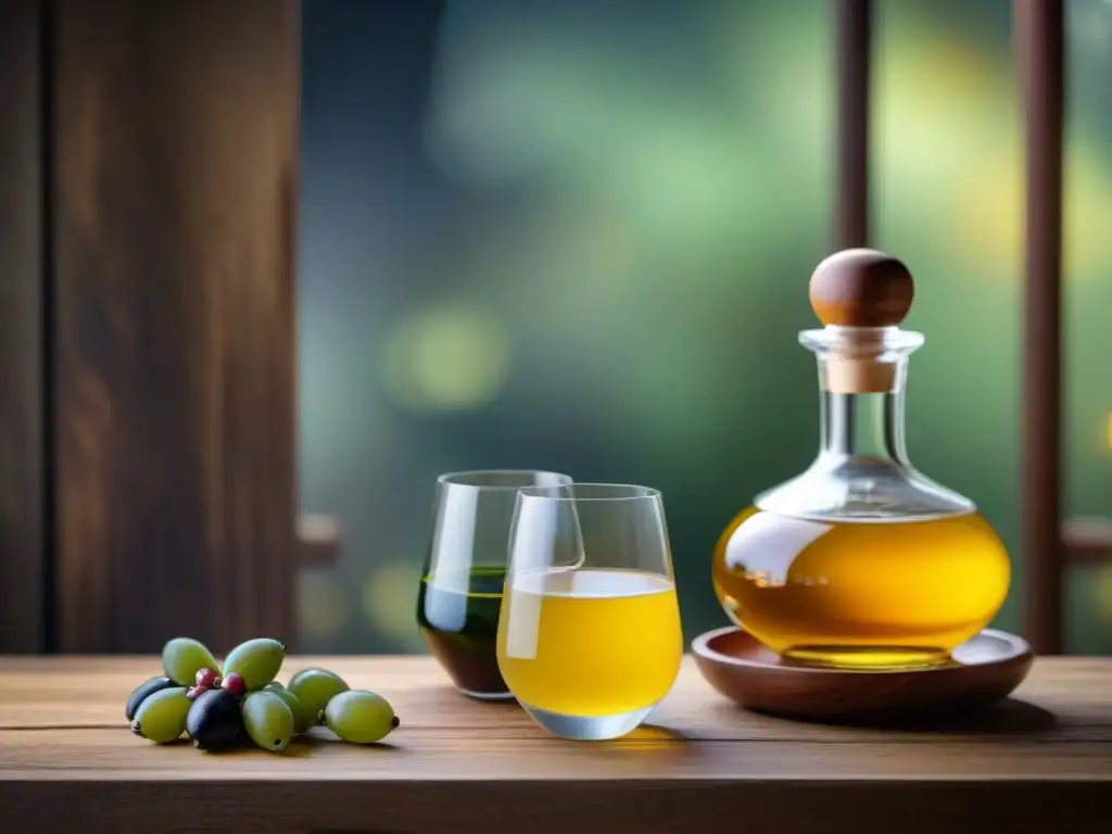 Comparación visual: dos copas de pisco, una aromática ámbar y otra no aromática cristalina, en mesa de madera rústica